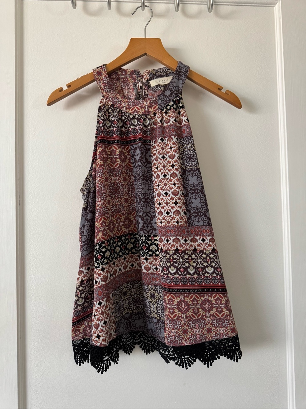 Elodie Burgundy Multi Patchwork Halter Tank with Black Lace Hem
